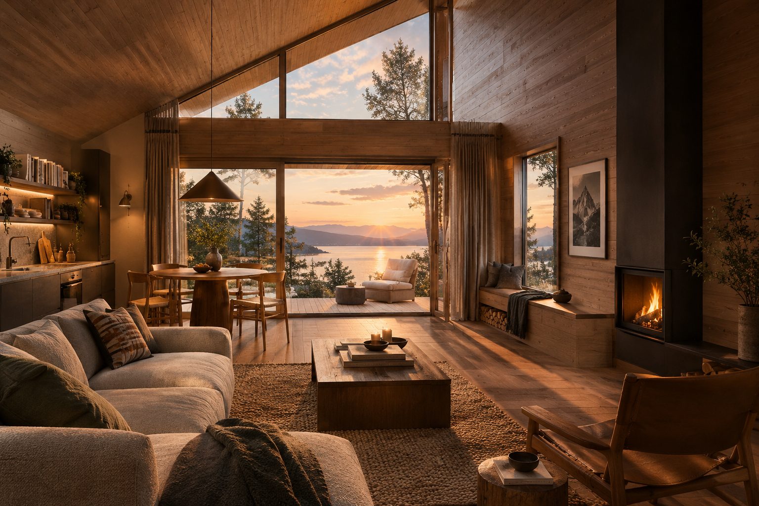 Intérieur d’un chalet, baie vitrée ouverte sur le lac