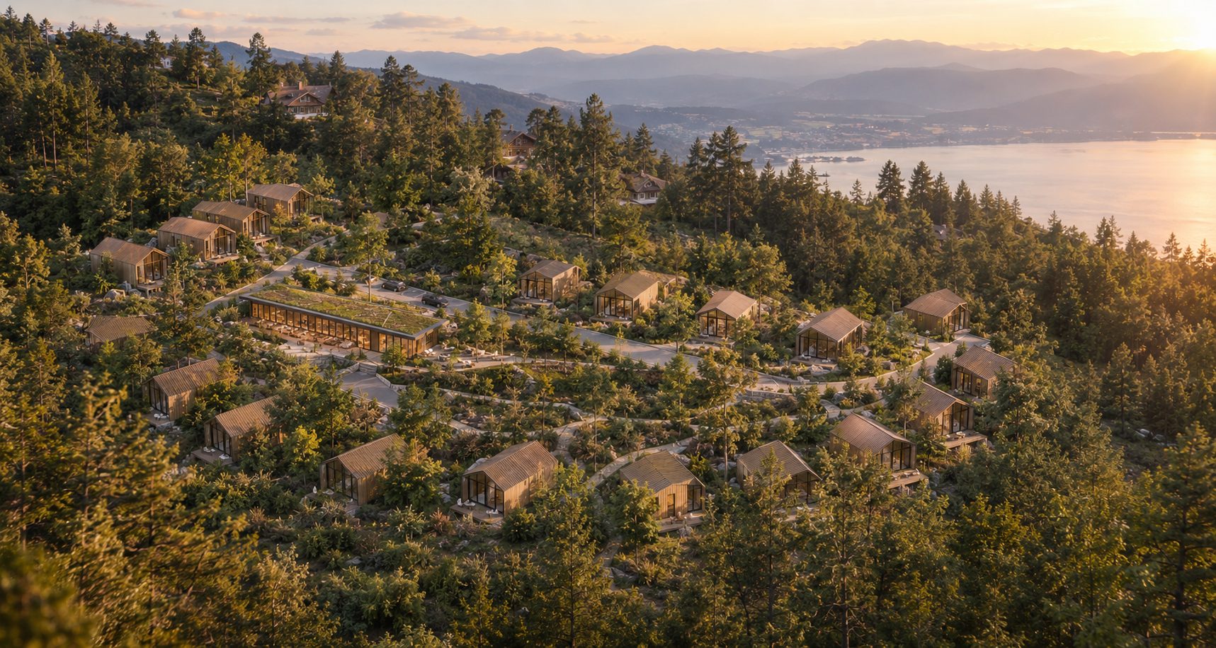 Vue aérienne des cottages dans la pinède, face au Léman