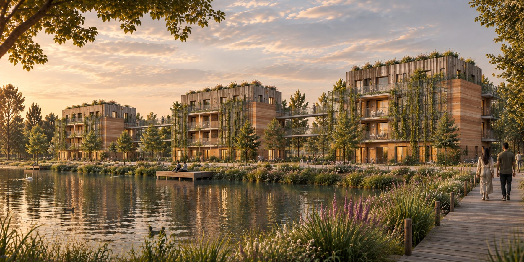 Logements en bordure du lac, terrasses et façades en terre crue